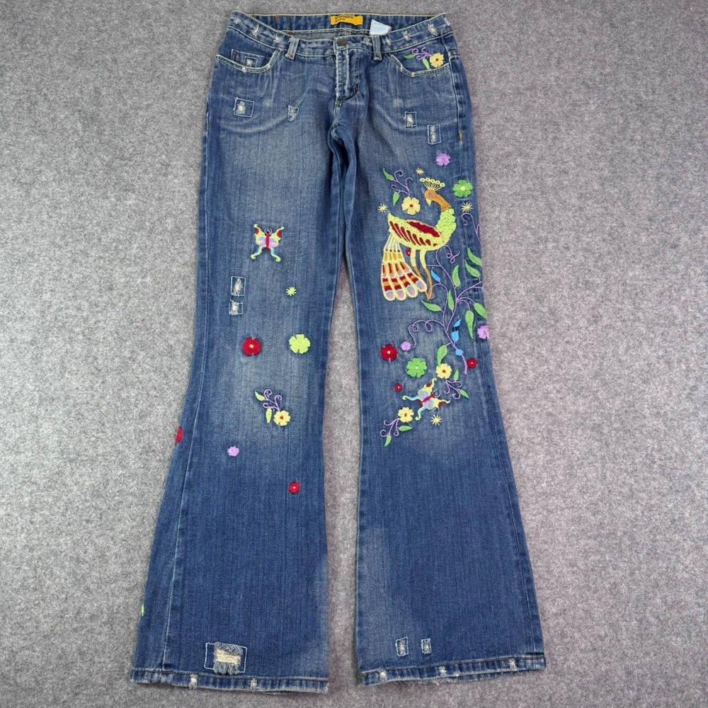 Sharagano Jeans Womens Blue Embroidered Floral Peacock Distressed Flare Y2K 28 - Picture 2 of 13